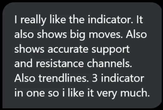Member message: I really like the indicator. It also shows big moves, accurate support and resistance channels, also trendlines. 3 indicator in one