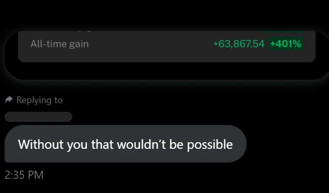 Member message showing an all-time gain of +63,867.54 USDT (+401%): Without you that wouldn't be possible